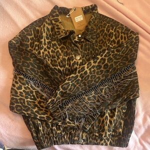 Leopard Print Fringe Denim Jacket - Brown Leopard
